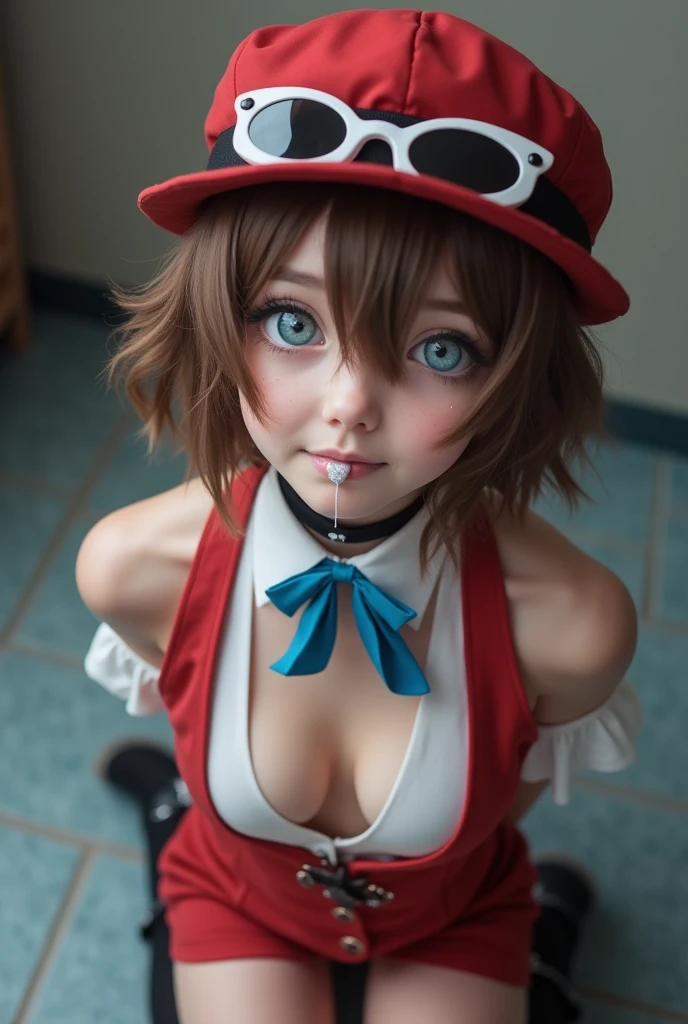 most beautiful girl, cosplay as Pokemon Peformer Serena, 17yo, on her knees, looking up at the camera, (most detailed beautiful half-closed eyes:1.2), slight smirk, desire, perfect mouth open, in position as if trying to catch raindrops that are not there on her tongue, (tongue covered in very thin runny clear glue, dripping down all over her bare ample chest:1.2), hands behind her back, sticking her breasts out to create a large area for the viewer to aim at, sitting on her feet, viewer squirting long thin ropes of clear glue across her face and chest from the tip of his penis, perfect puffy nipples, shot directly overhead, gorgeous, very cute, most attractive, most arousing, sensual, intimate, alluring, lascivious, appealing, enticing, tempting, (tip of the viewer's erect penis visible in the bottom of the shot:1.3), pokegirl,cosplay,black thigh-high stockings,white sleeveless blouse,red sleeveless vest-jacket, blue choker bow, red fedora with black ribbon, white sunglasses on hat,black boots,short wavy brown hair,beautiful detailed big blue eyes,longeyelashes,beautiful,gorgeous,cute,very narrow waist,perfect long torso,petit,small natural breasts,long toned legs