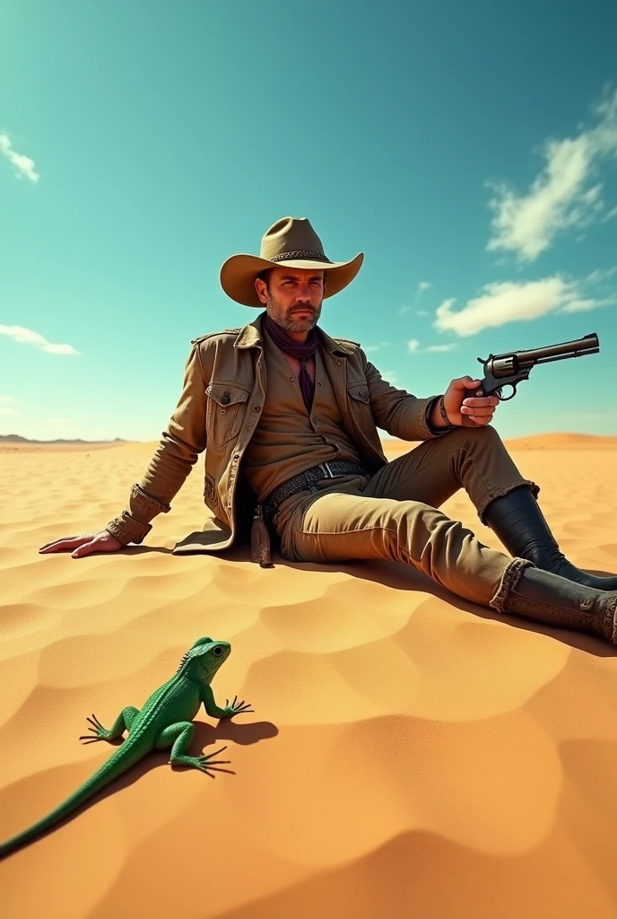 Man in the desert with a gun and a lizard