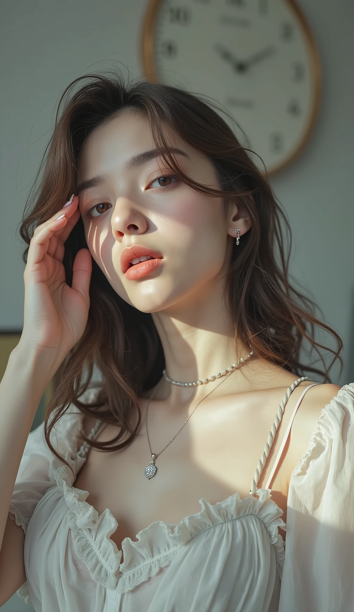 A close-up photo of a 23-year-old beautiful woman with delicate light brown hair, detailed facial features, and a slim waist, wearing a thin white blouse, a black lace thong peeking out from under a short white skirt, sheer silk stockings, and high heels, looking anxious and shy with a flushed expression, the lighting illuminating her from below, creating a subtle chiaroscuro effect, 8K resolution, highly detailed, masterpiece, realistic, photorealistic, RAW photo, cinematic lighting, (table top:1.25), (best quality:1.6), (ultra high resolution:1.5), (hyper-realistic:1.75), (hair over one eye:1.3), incredible detail, beautiful, cute, embarrassed, shy, blushing, film-like quality, dramatic, compelling, intimate, voyeuristic, (illicit photo:1.5), (sensual:1.3).