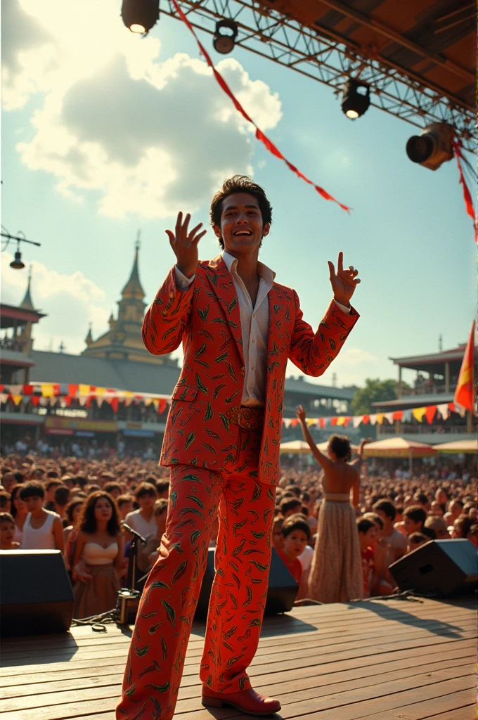 A Thai male singer wearing a chili-patterned outfit sings on an outdoor concert stage during daytime at Saphan Khwai, Bangkok, Thailand, in 1991.
