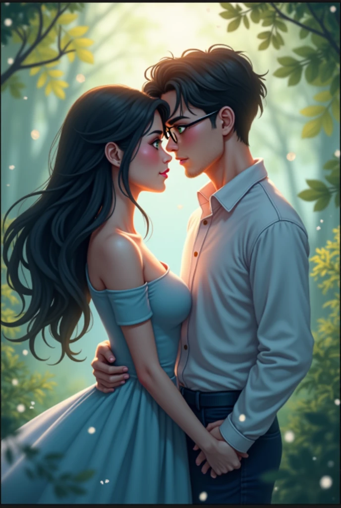 (best qualityer), アニメ, couple, 1 male 1 female, young man 24 years old, young woman 22 years old, light skinned woman, she has medium blonde hair, She has medium length hair with small waves, She has big green eyes, Curvy Body, brown skin man, he has black curly hair, he has a shaved haircut on the sides and bangs above his eyes, He has brown eyes, He has a piercing on the left side of his mouth and on his left eyebrow, gazing at viewer, Warm and romantic, she wears all black clothes, he wears a black turtleneck shirt with a charcoal gray denim jacket and black pants, Romantic forest