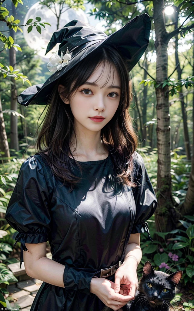 "Create a hyper-realistic digital painting of a young witch and her black cat familiar in a moonlit forest clearing. The witch should have long, flowing hair that seems to merge with the misty air, creating subtle, ethereal patterns. Her eyes should glow with an otherworldly light, matching the cat's intense gaze. The cat's fur should be intricately detailed, with a slight sheen that suggests magical properties. Include elements of both nature and magic in the scene, such as glowing mushrooms, floating spell components, and a shimmering magical aura around the witch's hands. The overall atmosphere should be mysterious and enchanting, with a soft, diffused moonlight illuminating the scene and creating dramatic shadows."