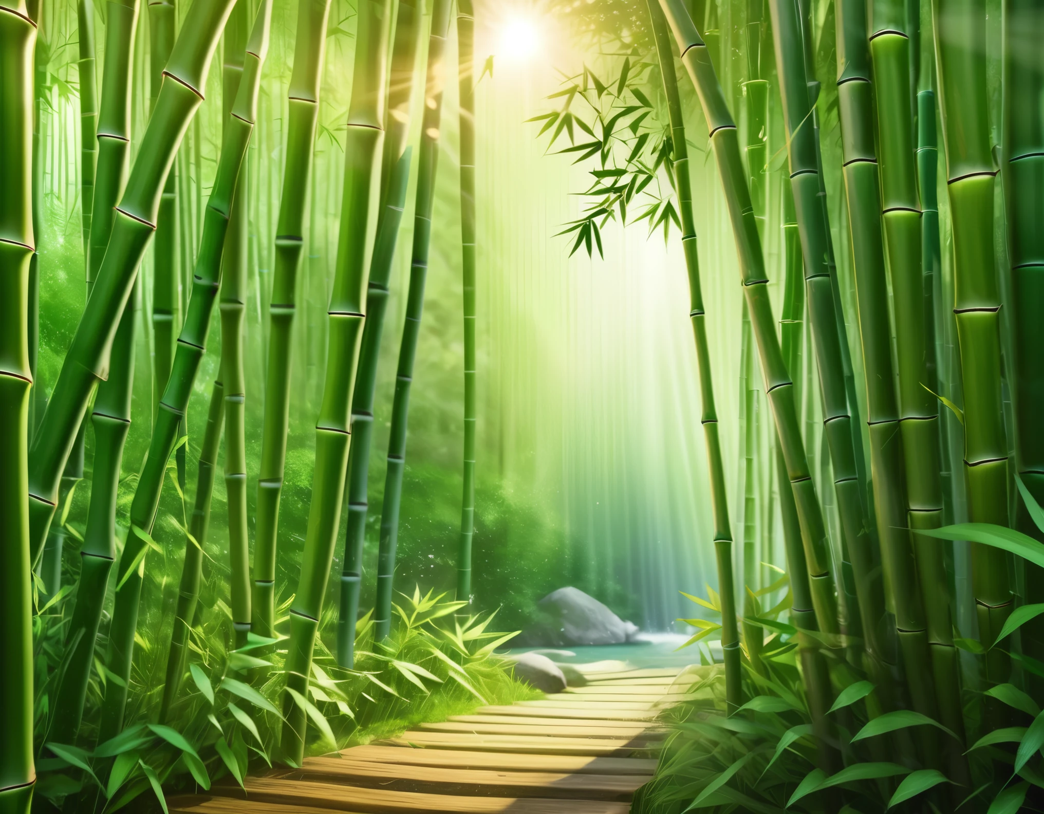 detailed ((bamboo forest)), lush green foliage, sunlight filtering through the leaves, tranquil atmosphere, intricate bamboo stalks, peaceful stream running through, mystical spiritual energy, vibrant colors, cinematic lighting, photorealistic style