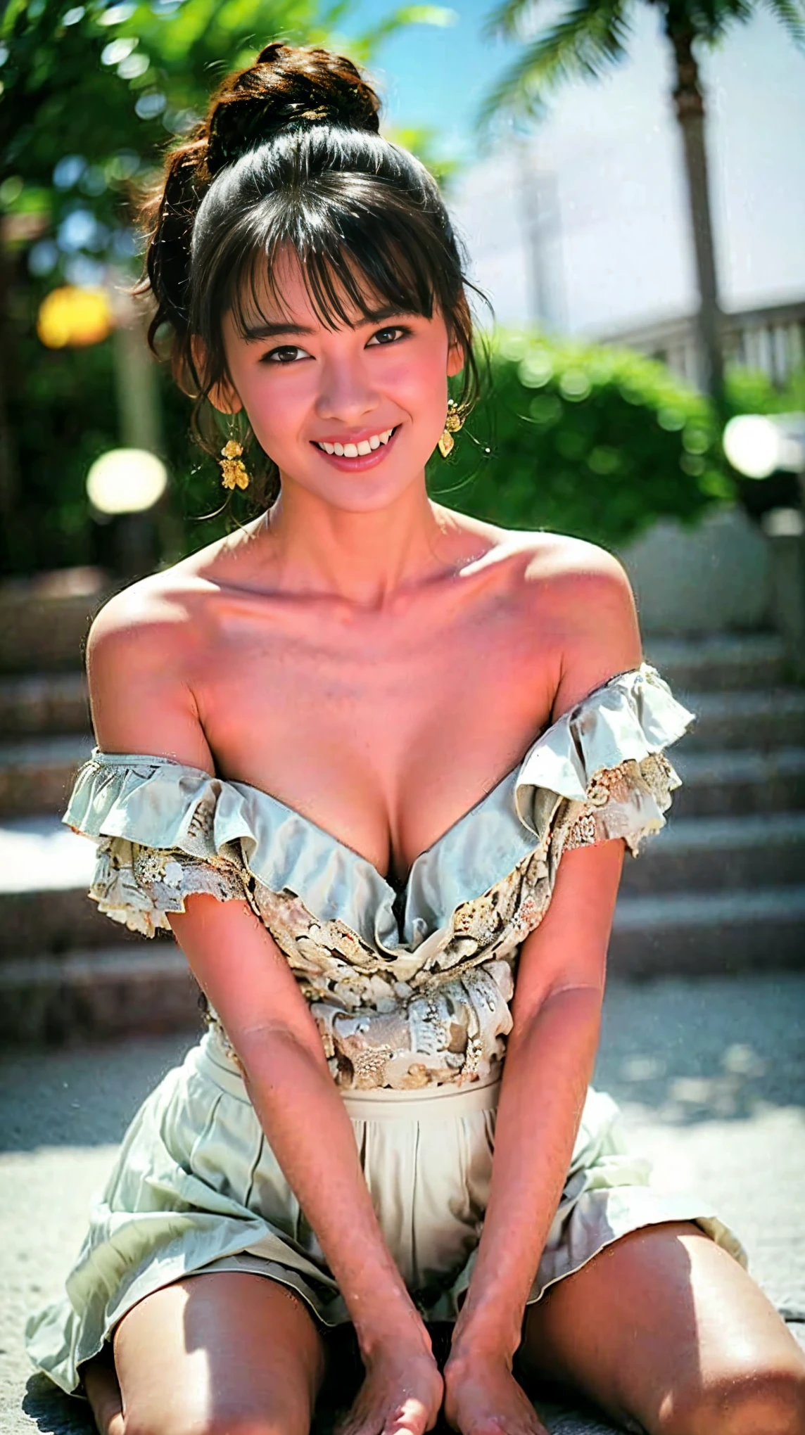 One,(((Head to toe body image 1.8)))、((Sexy pose))、A sheer multi-colored lace top and lace bottoms、Wearing a patterned lace outfit that reveals her chest、Full body image of a beautiful female news anchor standing on a live stage, See through, white, fit, Little Dress、Short Hairstyles、I can see your knees、Open your mouth、((Very large breasts))、Tight waist、Slim figure、Perfect Face、Her large erect nipples and huge areola are clearly visible...、非常に濃い陰毛がSee through、smile、Features slim thighs、Perfect body、Perfect hands、Perfect hands指、Perfect Legs