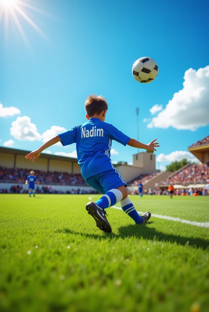 A boy hitting football with name nadim in jersey
