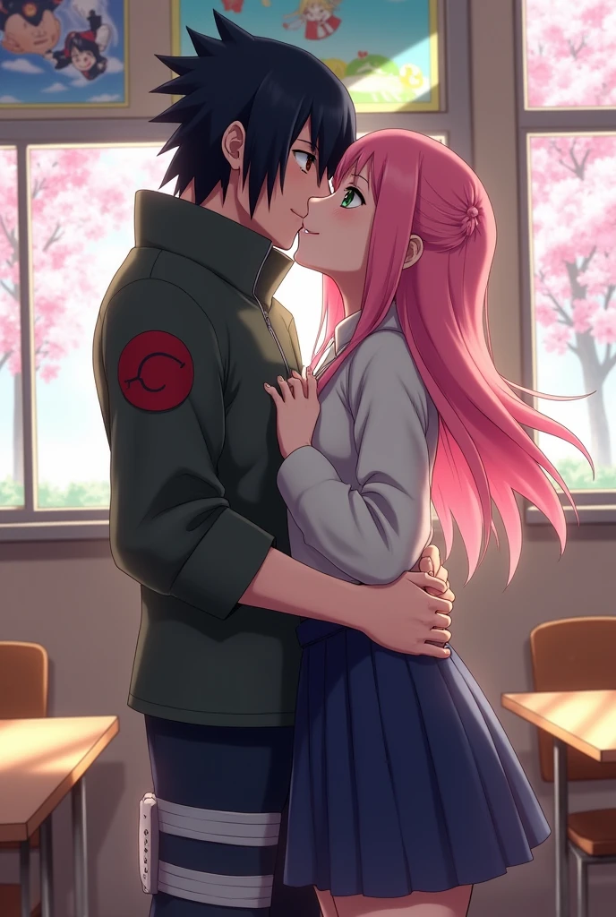 Sakura haruno anime woman with big and ass hugging and kissing a sasuke uchiha anime boy with black hair and black clothes in the classroom the boy is grabbing her ass