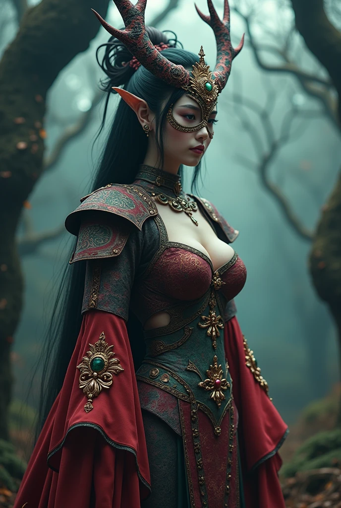 a beautiful masked kaijin hime, big breasts, wide hips, detailed face, intricate costume, elegant pose, highly detailed, photorealistic, 8k, best quality, masterpiece, vivid colors, dark fantasy, cinematic lighting