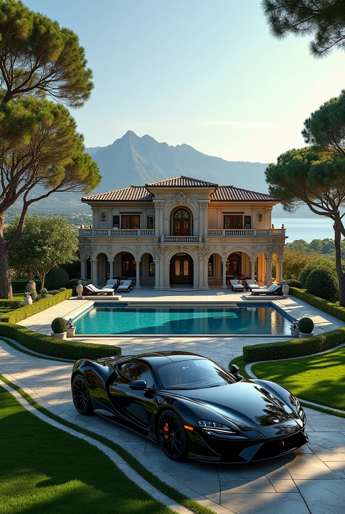 luxury mansion with a luxuary car parked in front of it, green yard with trees, behind sea and mountains, luxury pool, luxury lifestyle, luxurious environment, luxury architecture, rich, huge mansion, rich style, luxury and elite, extremely opulent, luxurious, hyper luxurious, majestic masterpiece, wealthy, luxury, stunning grand architecture, exquisite masterpiece, flaunting his wealth, inside a grand, architectural masterpiece