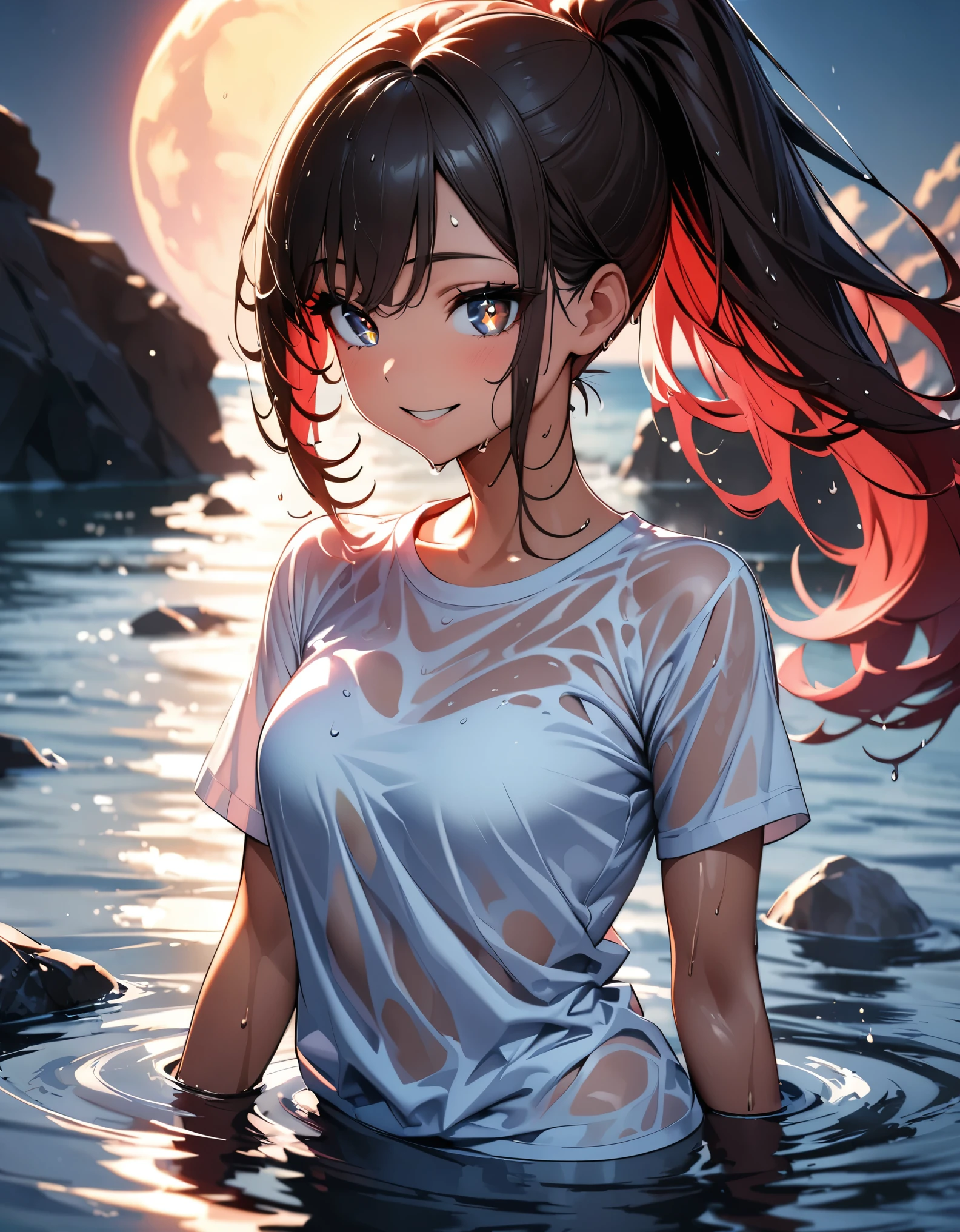 (Highest quality:1.2, Very detailed, up to date, Vibrant, Ultra-high resolution, High Contrast, masterpiece:1.2, Highest quality, Best aesthetics), (((1 person, beautiful girl))), Chestnut Hair, High long ponytail, Red colored eyes, Sparkling Eyes, Detailed face, Fine hair, Detailed skin, (Beautiful eyes:1.5), smile, Naughty, Cowboy Shot, slender, Beautiful Skin, (Emerge from the water, Wet, A clingy, see-through T-shirt:1.4), Coastal rocks, Big Moon.