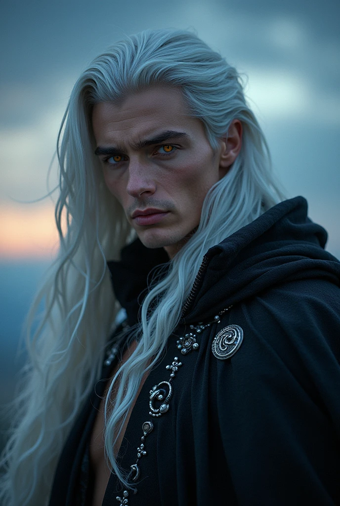 make a silver long hair handsome guy that has a golden amber eyes with cold expression