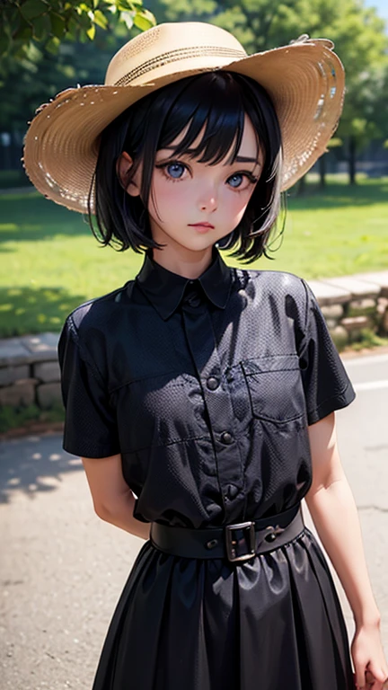 One Woman, alone, alone Focus, (Anxious expression)、Cowboy Shot, Portraiture,Beaver,((Black Hair)), Short Bob、 Very beautiful eyes,, (Small TI quality, Very detailed,