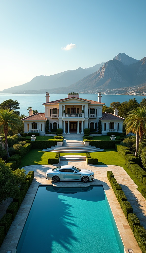 luxury mansion with a luxuary car parked in front of it, green yard with trees, behind sea and mountains, luxury pool, luxury lifestyle, luxurious environment, luxury architecture, rich, huge mansion, rich style, luxury and elite, extremely opulent, luxurious, hyper luxurious, majestic masterpiece, wealthy, luxury, stunning grand architecture, exquisite masterpiece, flaunting his wealth, inside a grand, architectural masterpiece