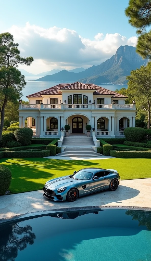 luxury mansion with a luxuary car parked in front of it, green yard with trees, behind sea and mountains, luxury pool, luxury lifestyle, luxurious environment, luxury architecture, rich, huge mansion, rich style, luxury and elite, extremely opulent, luxurious, hyper luxurious, majestic masterpiece, wealthy, luxury, stunning grand architecture, exquisite masterpiece, flaunting his wealth, inside a grand, architectural masterpiece