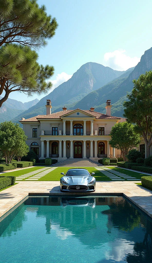 luxury mansion with a luxuary car parked in front of it, green yard with trees, behind sea and mountains, luxury pool, luxury lifestyle, luxurious environment, luxury architecture, rich, huge mansion, rich style, luxury and elite, extremely opulent, luxurious, hyper luxurious, majestic masterpiece, wealthy, luxury, stunning grand architecture, exquisite masterpiece, flaunting his wealth, inside a grand, architectural masterpiece