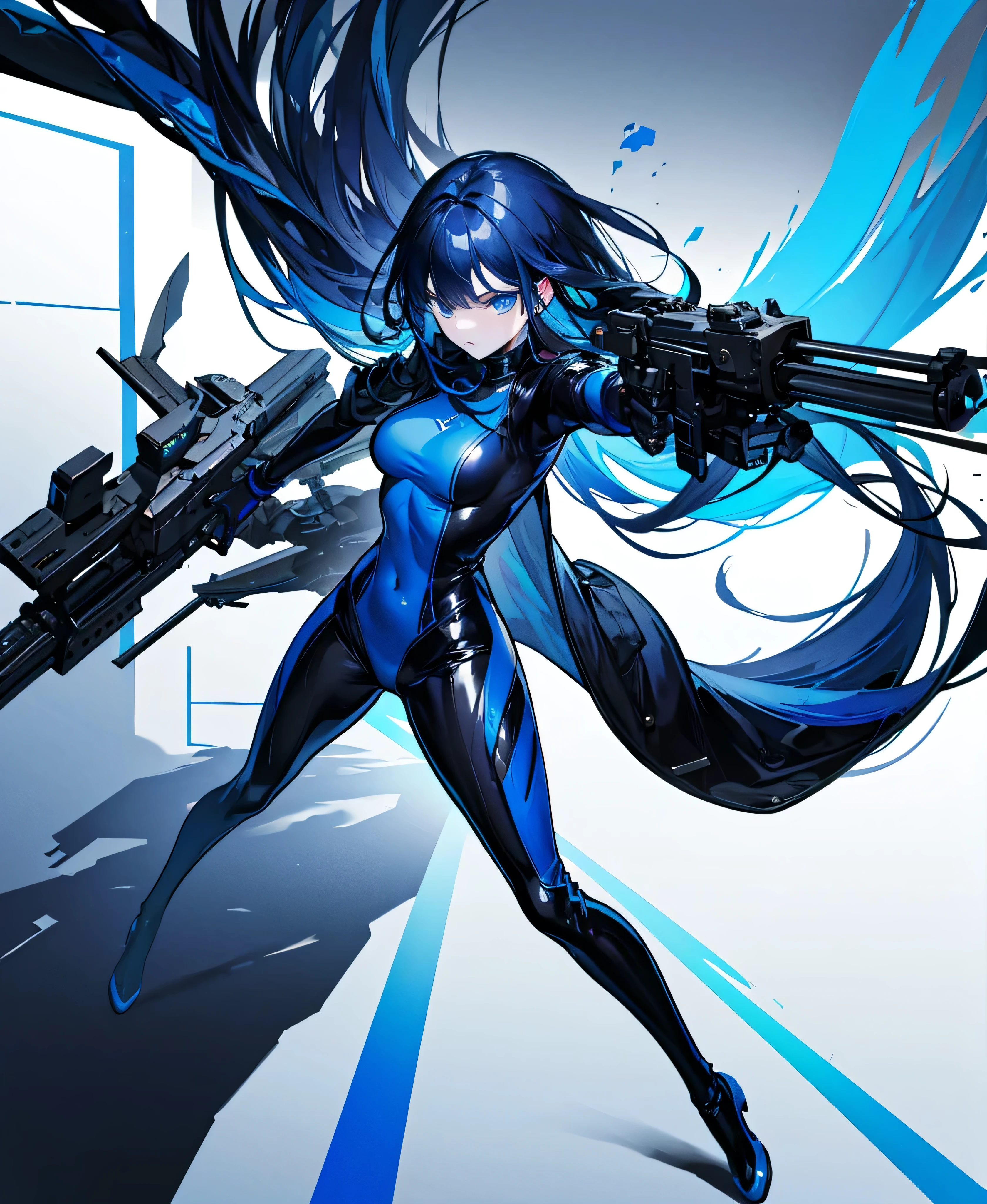 There is no background,,Carry a firearm,Patent leather tight suit,Use of firearms,Navy blue long hair,attention arousal,Blue colored eyes,No gradients