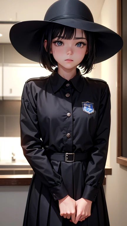 One Woman, alone, alone Focus, (Anxious expression)、Cowboy Shot, Portraiture,Beaver,((Black Hair)), Short Bob、 Very beautiful eyes,, (Small TI quality, Very detailed,uniform,