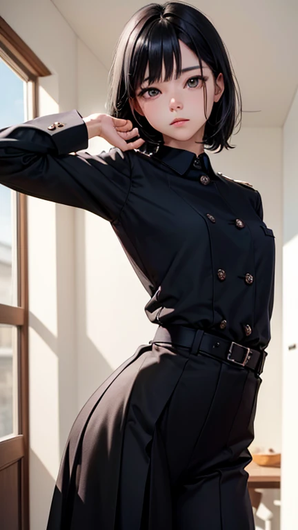 One Woman, alone, alone Focus, (Anxious expression)、Cowboy Shot, Portraiture,Beaver,((Black Hair)), Short Bob、 Very beautiful eyes,, (Small TI quality, Very detailed,uniform,