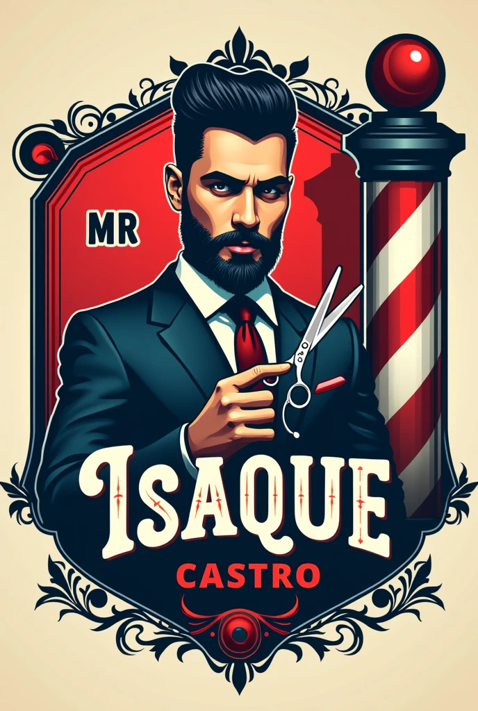 Logo image of a barber shop with the name MR Isaque Castro WITH A MAN and scissors