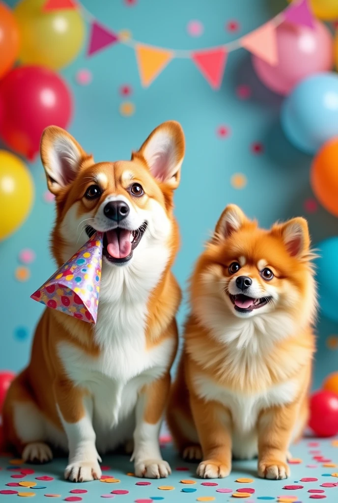 um corgi com um spitz alemão caramelo dizendo "happy birthday, Mari"