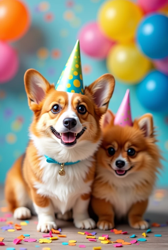 um corgi com um spitz alemão caramelo dizendo "happy birthday, Mari"
