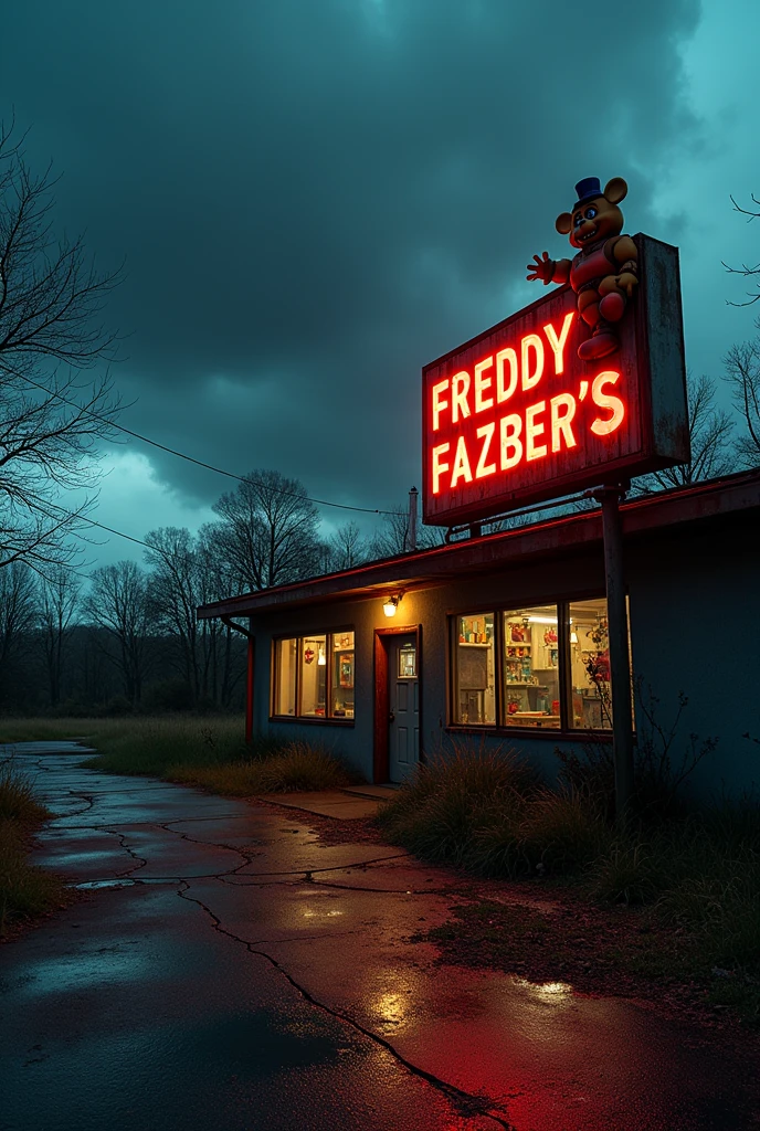 Real photo of Freddy Fazbear&#39;s Pizza store, scary and dark scene
