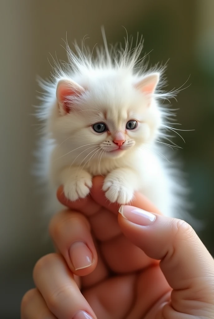 Ultra-realistic 8K photograph, a tiny siberian white kitten with disheveled fur sitting only on a human index finger, the finger is positioned sideways with clear
detail of the skin's texture. The kitten's messy hair adds character to the scene, background is slightly out of focus, natural light gently highlights the
subjects, shot with a Leica Q2, strong color contrast and sharp clarity
