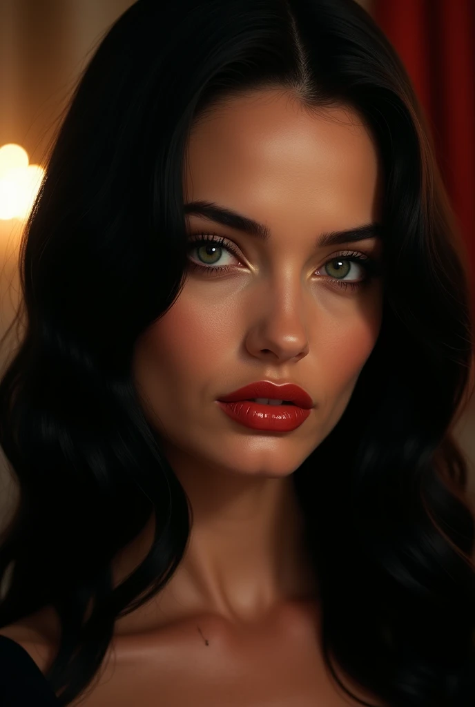 The face of a young woman in her 20s, with tanned skin and green eyes, very dark hair (blackw) and extremely smooth without waves and with thin eyebrows, with a villain's face (look like Angelina Jolie)