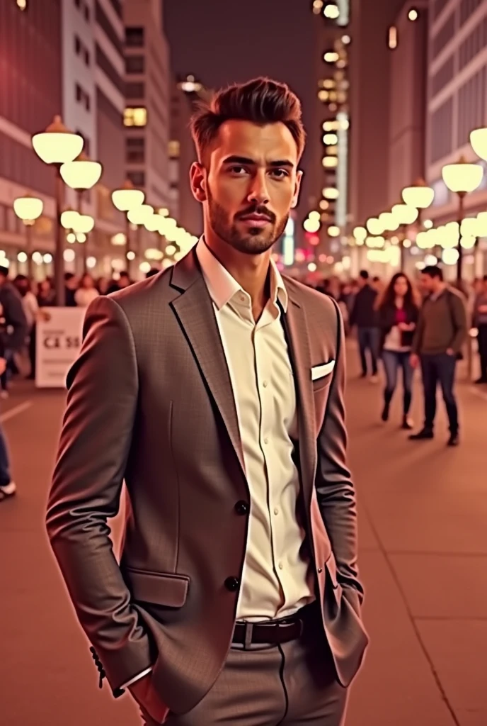 A 22-year-old man wearing a suit、Wear black leather shoes.、Hair set