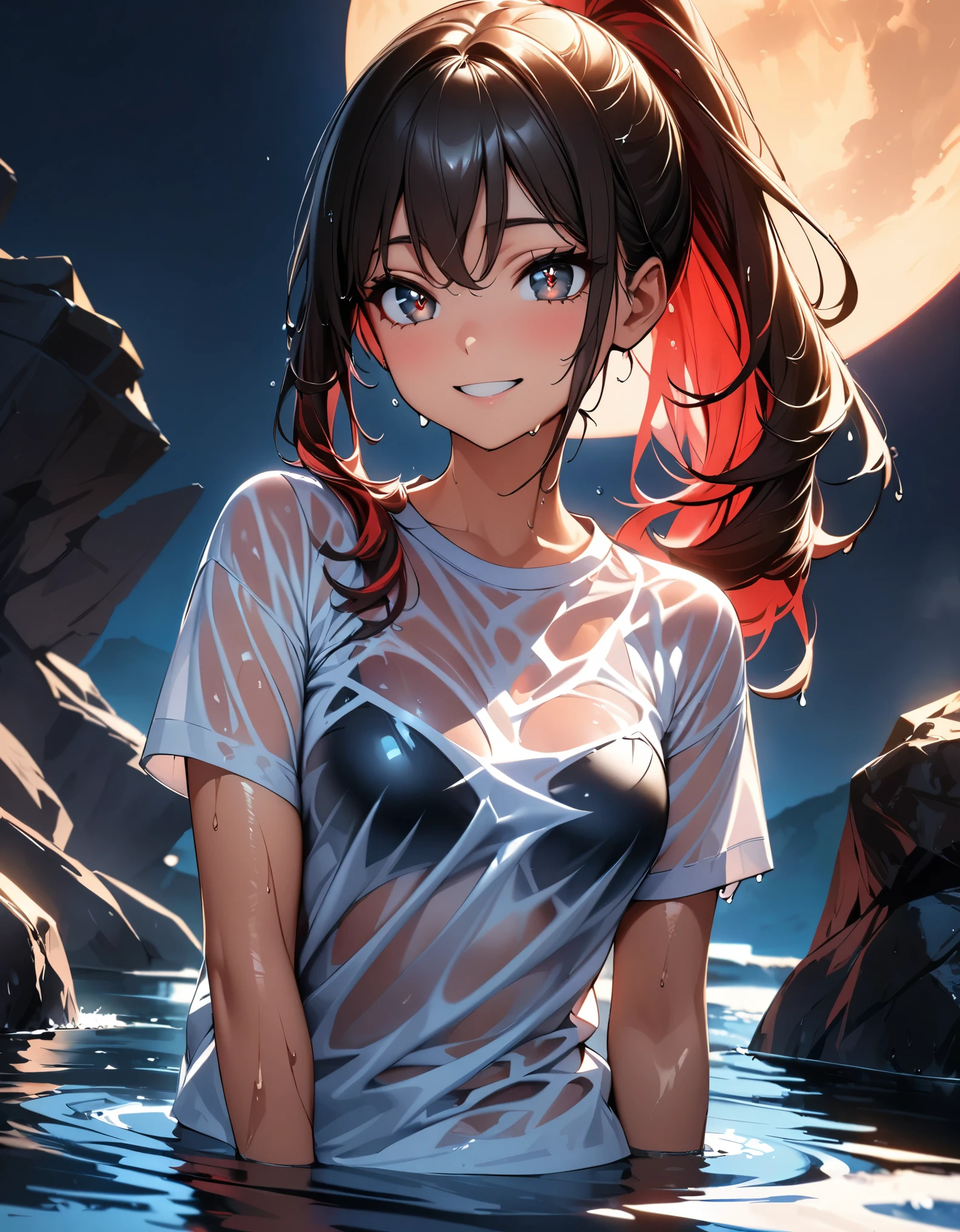 (Highest quality:1.2, Very detailed, up to date, Vibrant, Ultra-high resolution, High Contrast, masterpiece:1.2, Highest quality, Best aesthetics), (((1 person, beautiful girl))), Chestnut Hair, High long ponytail, Red colored eyes, Sparkling Eyes, Detailed face, Fine hair, Detailed skin, (Beautiful eyes:1.5), smile, Naughty, Cowboy Shot, slender, Beautiful Skin, (Emerge from the water, Wet, A clingy, see-through T-shirt:1.4), Coastal rocks, Big Moon.