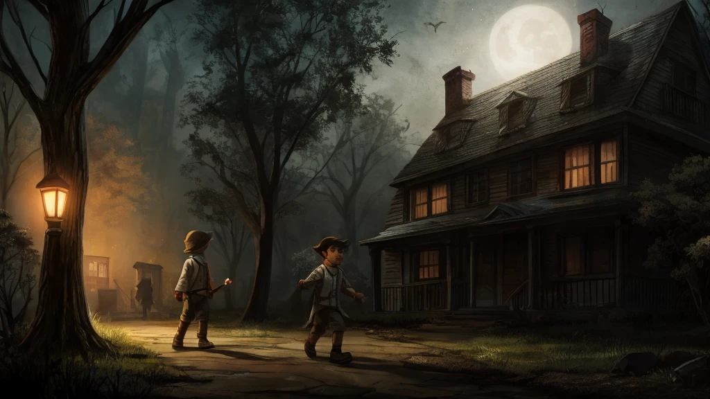 “A curious boy holding a flashlight, walking towards the old, haunted-looking house with a determined expression.”