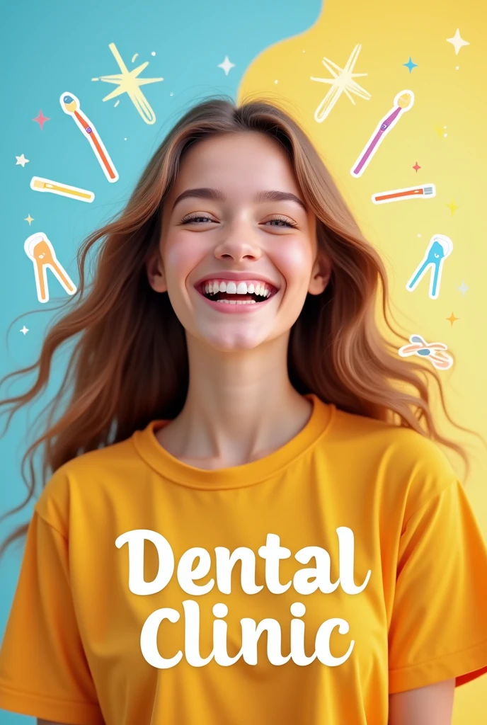 Make a banner for a dental clinic in bright colors featuring a beautiful girl with a white smile.