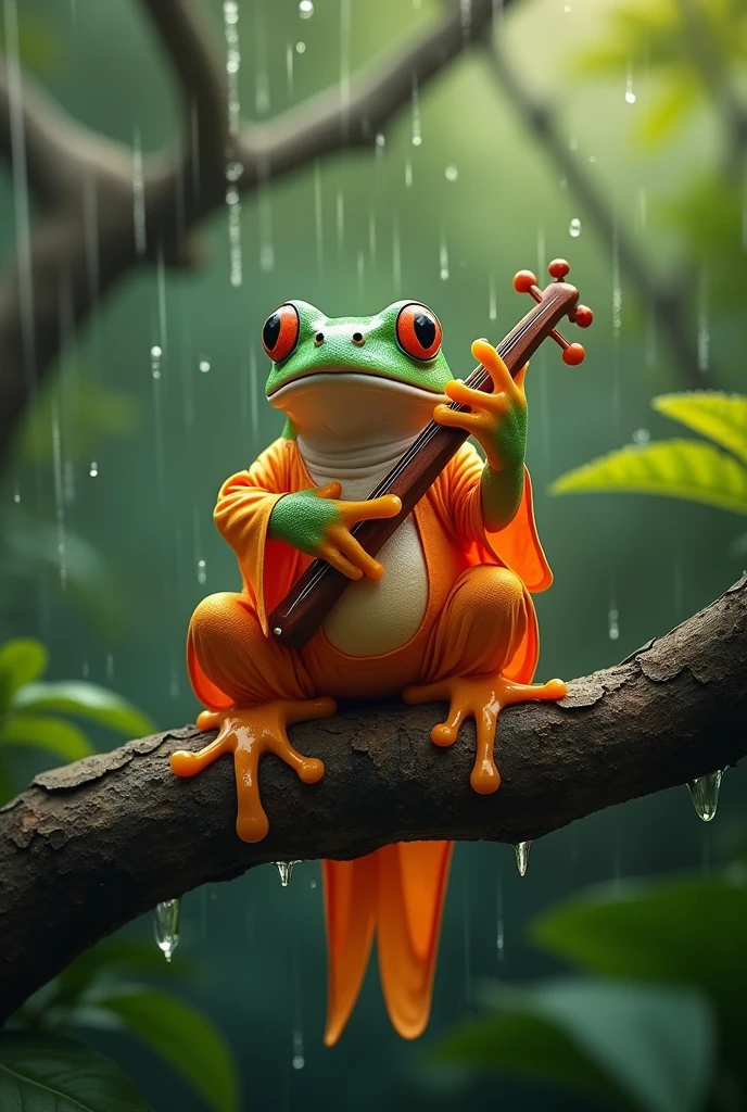 On a branch in the rainforest,Light rain,Morning dew sparkles,A fat tree frog playing the biwa,The frog is on a branch of a distant tree.,The frog is wearing an orange Chinese dress,Ultra-realistic,high resolution,