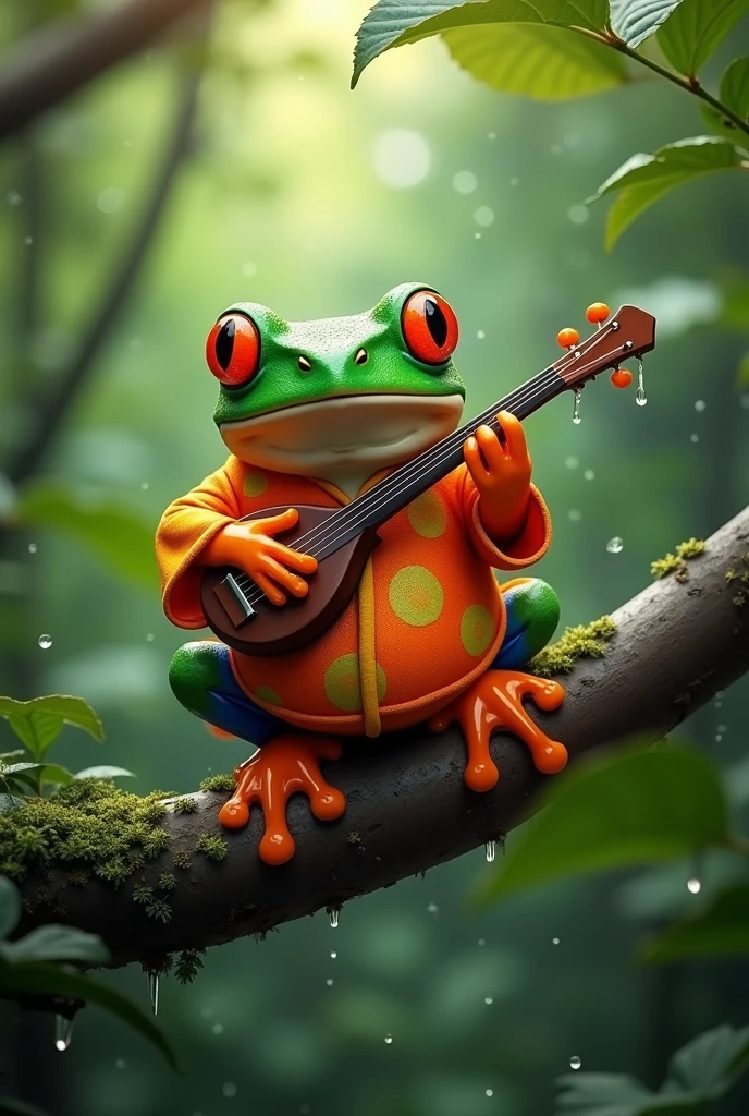On a branch in the rainforest,Light rain,Morning dew sparkles,A fat tree frog playing the biwa,The frog is on a branch of a distant tree.,The frog is wearing an orange Chinese dress,Ultra-realistic,high resolution,