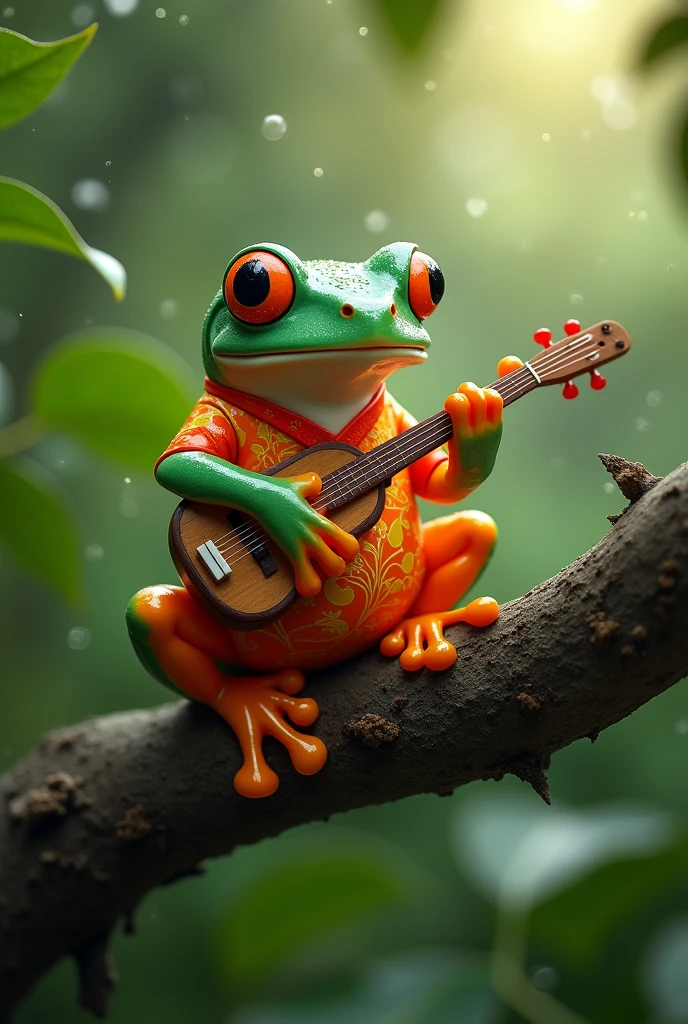 On a branch in the rainforest,Light rain,Morning dew sparkles,A fat tree frog playing the biwa,The frog is on a branch of a distant tree.,The frog is wearing an orange Chinese dress,Ultra-realistic,high resolution,