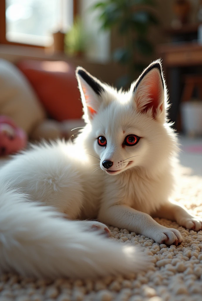 Anthro furry, white fox with black trim and red eyes full body lying on the floor
