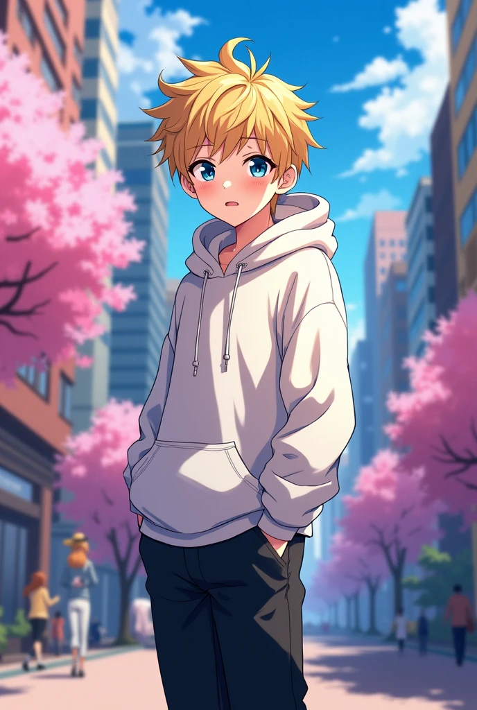 Create a boy with blonde hair, blue eyes, white hoodie, black pants, anime version