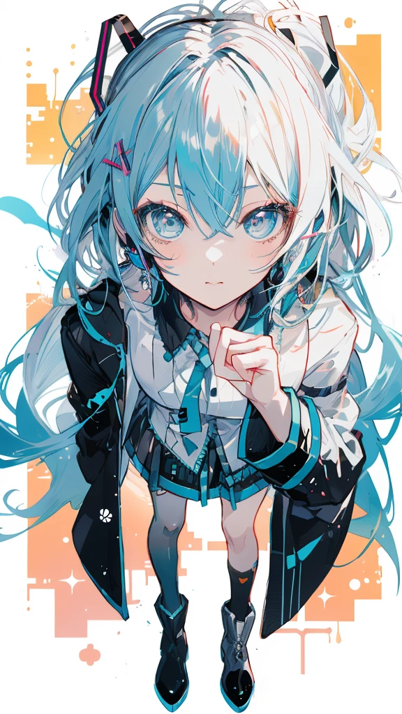 masterpiece,colorful,The best quality at its best,solo,One girl,boots,Green Eyes,High resolution,View your viewers,Stand on your own two feet,White coat,(uniform:1.3),Put your hands in your pockets, 長い青い髪と白いシャツと黒いスカートを着たAnime, hatsune miku, Portrait of hatsune miku, hatsune miku short hair, Vocaloid, Hatsune Miku portrait, friend, Mikudayo, 青緑色の髪のAnime, hatsune miku cosplay, Hatsune Miku's Face, Animeスタイル4 K, Anime, 魅力的なAnime