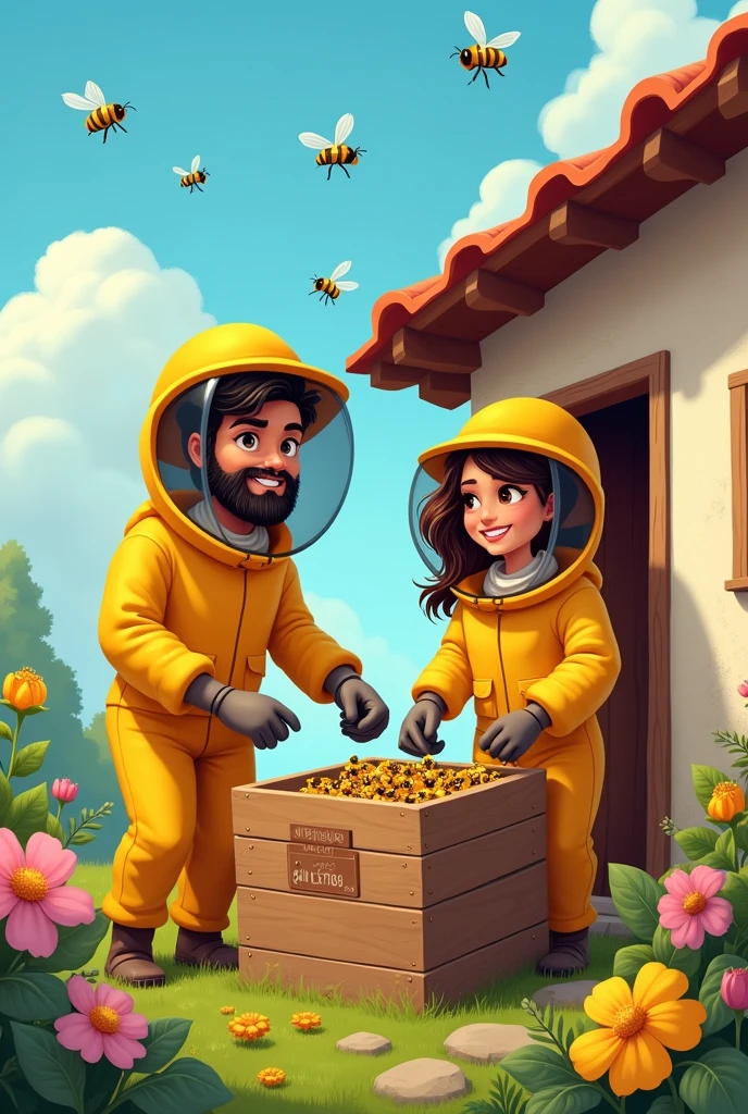 Generate an image of two beekeepers, one man and one woman, in yellow beekeeping clothing, the man must be young and have a black beard, black eyes and tan skin tone, shorth hair, the woman must have brown hair and European features, com olhos castanhos, removing bees from a house, using safety equipment and placing the bees in a box, the image must have a cartoon style, with a written sentence " Problems with bees ? I called (17)99181-6498, we serve the extreme region, Camanducaia, Cambui and Braganca Paulista" everything must be written in Portuguese.