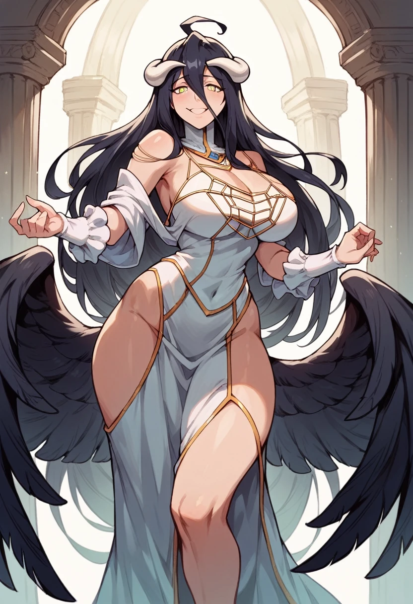Albedo_Overlord,black hair,white horn,curvy body,big breast,big thighs, wearing original dress, gently smiling, leaning by the pillar, midnight setting,erotic pose, nsfw.