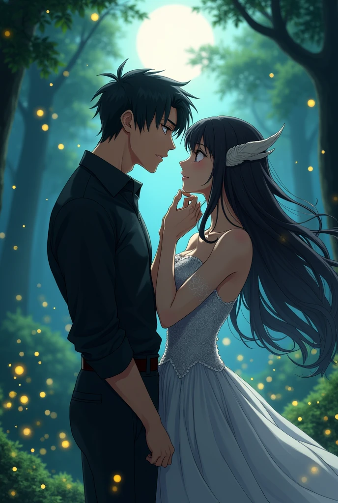  charismatic anime man wearing black shirt  and demon women wearing an elegent gown, staring eachother with passion as anime man crease her chin, outdoor