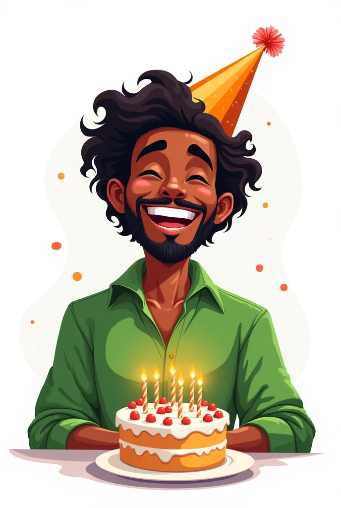 Dark-skinned man dressed in green blowing a cake and wearing a hat on his head animated cartoon beardless blowing on white background wavy hair half body