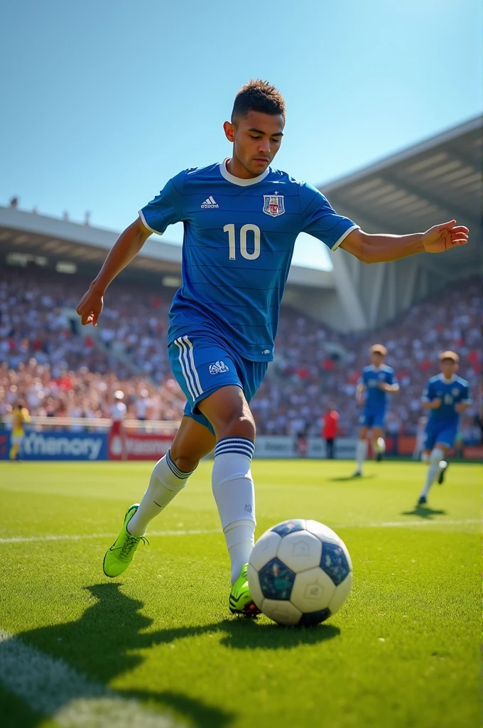 A men hitting football with name nadim in jersey 