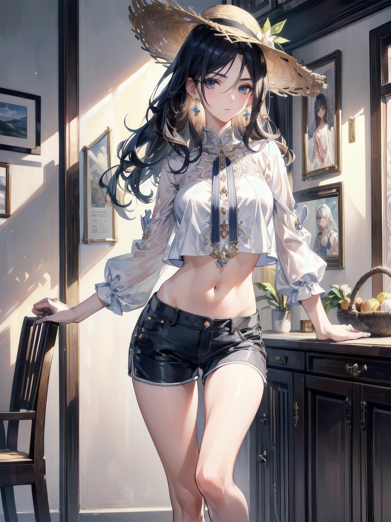 (((absurdres, RAW photo, extremely delicate and beautiful, masterpiece, Best Quality, ultra high resolution, 32k, hyper realistic, ultra-detailed))), Very detailed CG 8k wallpaper, detailed background, landscape, Beautiful Lighting, Perfect Lightning, Realistic Shadows, perfect anatomy, anatomically correct, ideal ratio body proportions, perfect figure, Perfect Style, Perfect balance, super Detailed skin, in her 30s, very Slim body, narrow waist, very small head, very small face, delicate facial features, handsome detailed woman, very detailed eyes and face, realistic face proportions, Realistic beautiful face, Realistic beautiful eyes, tearful mole, earring, full body shot, full legs, full knee, full foot, very huge round tits, medium hair, asymmetrical hair, wavy hair, indoor, blouse, crop top, shorts, straw hat,