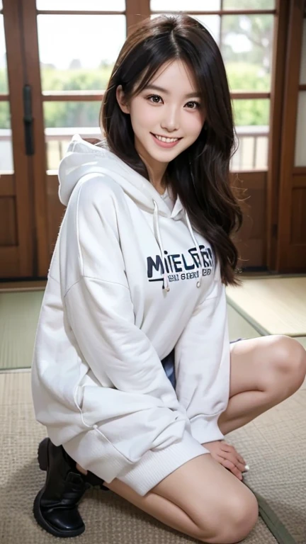 A Japanese milf, photo of one girl, Slender figure, Realistic teeth, wearing oversized hoodie, smile, full-body, masterpiece, best quality, detailed, beauty, Pub, indoor,