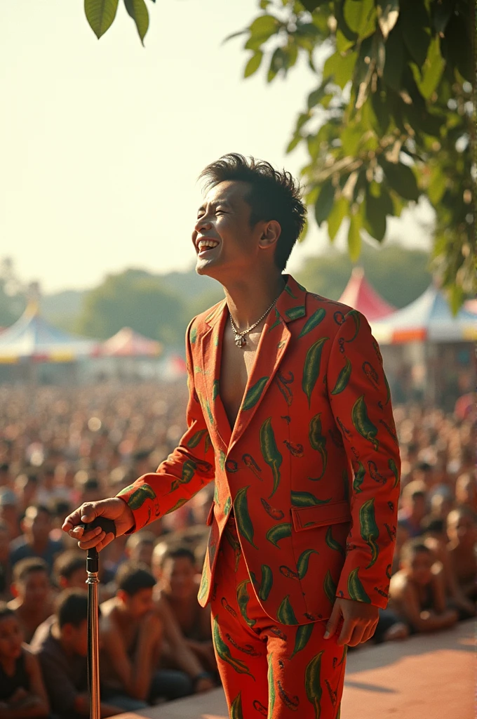 A Thai male singer wearing a chili-patterned outfit sings on an outdoor concert stage during daytime at Saphan Khwai, Bangkok, Thailand, in 1991.