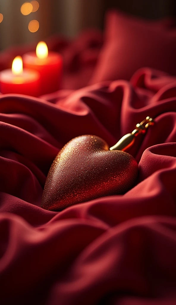 Create an illustrative book cover featuring an intimate and sensual setting. The design should include a subtly detailed illustration of an intimate toy, placed within a warm and inviting environment. The color palette should focus on rich, deep reds and other warm tones to evoke feelings of sensuality and comfort. The background should suggest an intimate atmosphere, perhaps with soft textures like silk or satin, without being overly explicit. The overall design should be elegant and suggestive, capturing the essence of exploration and connection without the need for any text.