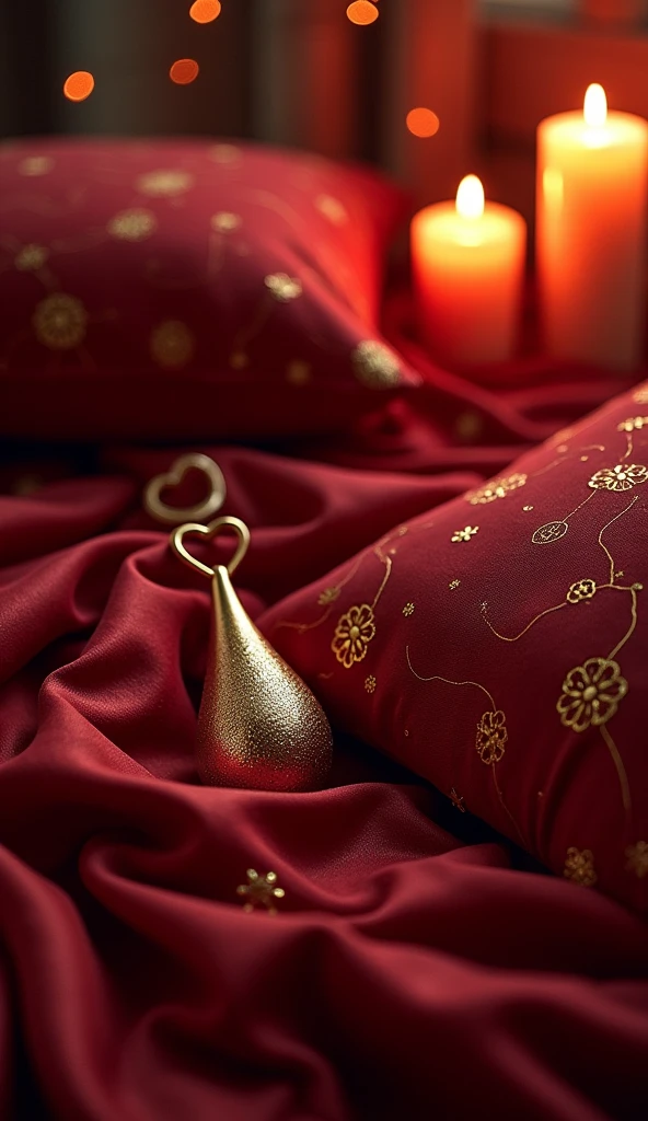 Create an illustrative book cover featuring an intimate and sensual setting. The design should include a subtly detailed illustration of an intimate toy, placed within a warm and inviting environment. The color palette should focus on rich, deep reds and other warm tones to evoke feelings of sensuality and comfort. The background should suggest an intimate atmosphere, perhaps with soft textures like silk or satin, without being overly explicit. The overall design should be elegant and suggestive, capturing the essence of exploration and connection without the need for any text.