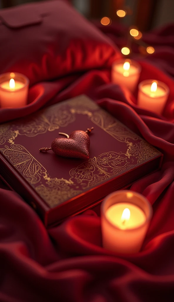 Create an illustrative book cover featuring an intimate and sensual setting. The design should include a subtly detailed illustration of an intimate toy, placed within a warm and inviting environment. The color palette should focus on rich, deep reds and other warm tones to evoke feelings of sensuality and comfort. The background should suggest an intimate atmosphere, perhaps with soft textures like silk or satin, without being overly explicit. The overall design should be elegant and suggestive, capturing the essence of exploration and connection without the need for any text.