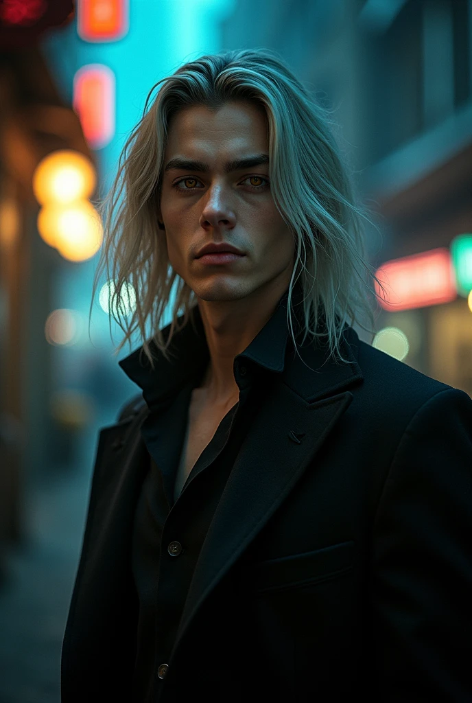 make a silver long hair handsome guy in 20 th that has a golden amber eyes with cold expression