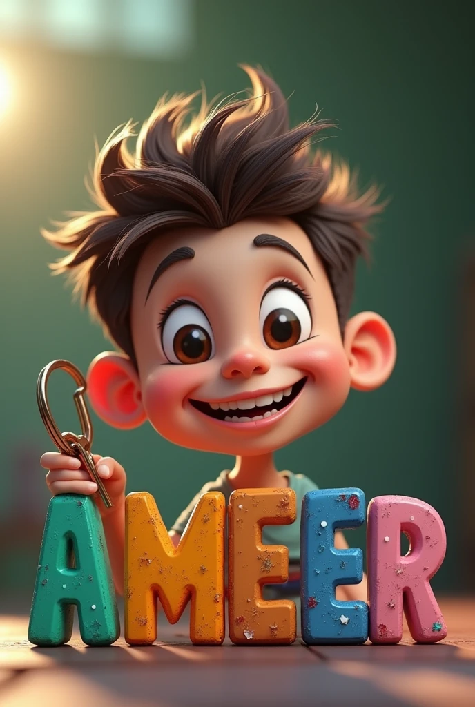 3D caricature of a boy, key chain in the palm of the hand High quality realistic photo, and there is the name "AMEER" in 3D letter style, embossed and realistic, in black green, inknium purple and white,